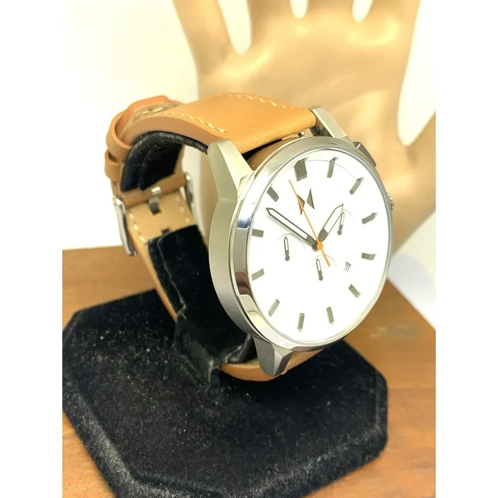 MVMT Men's Watch Quartz Chronograph White Dial Brown Leather Band 44mm